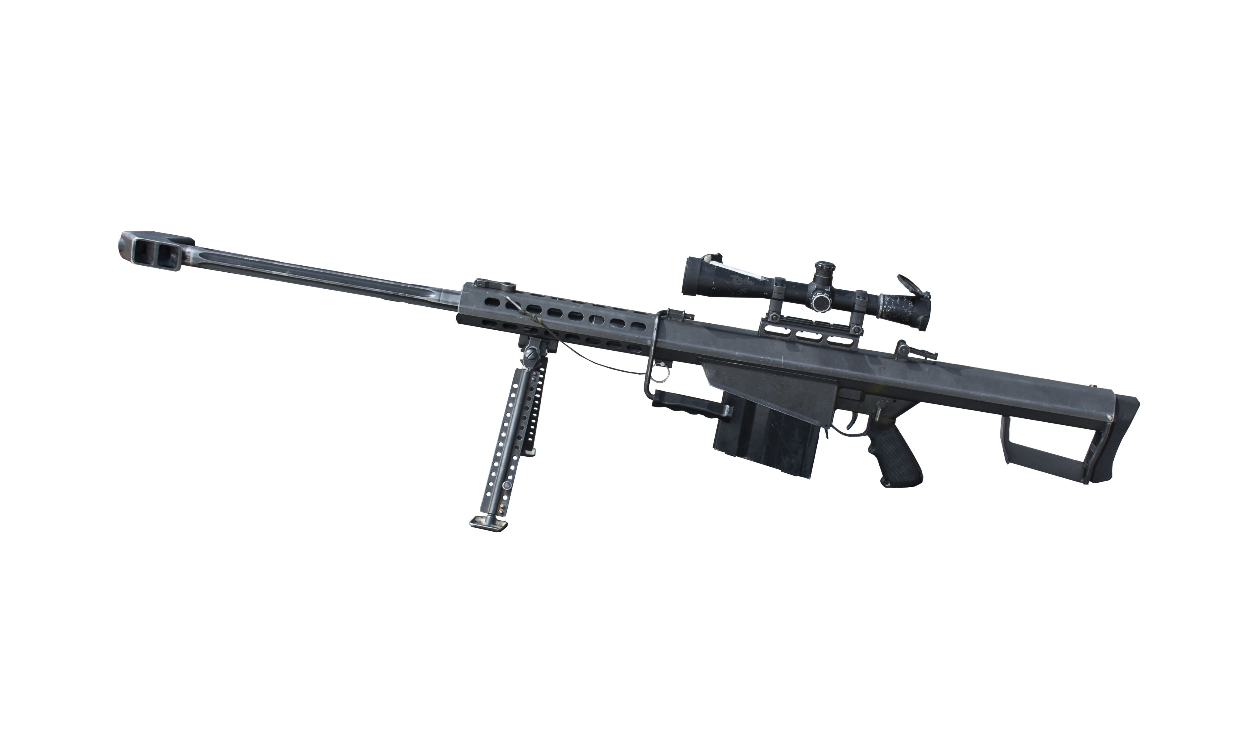 Machine gun including tripod against a white background
